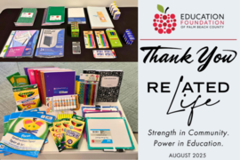 various school supplies and the education foundation logo with the words "thanks related life"